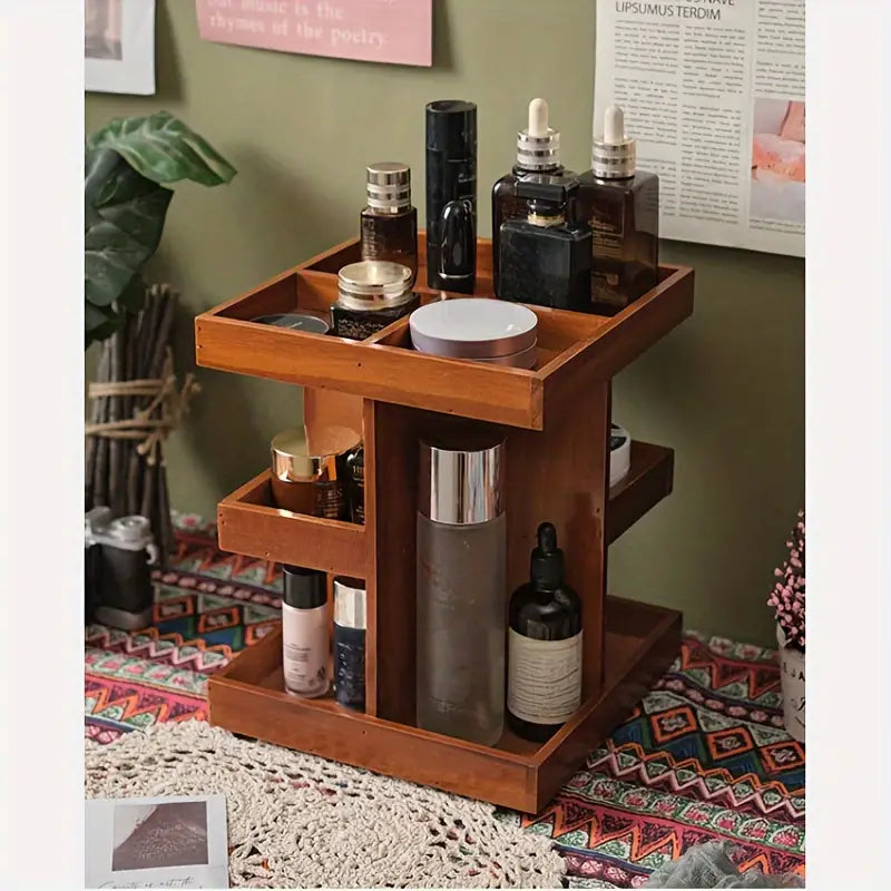 NNETM 360° Rotating Wooden Cosmetic Storage Shelves - Brown Vanity Shelf