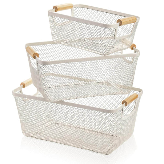 White Mesh Storage Basket with Wooden Handles