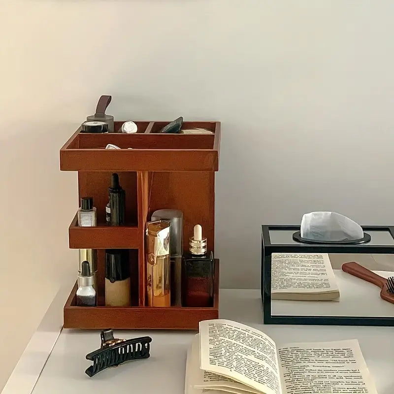NNETM 360° Rotating Wooden Cosmetic Storage Shelves - Brown Vanity Shelf