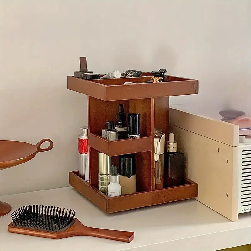 NNETM 360° Rotating Wooden Cosmetic Storage Shelves - Brown Vanity Shelf